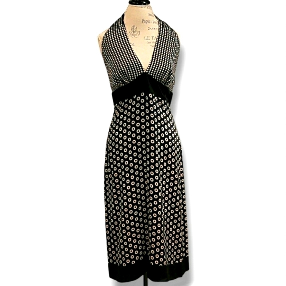 Jaloux/Zalu Silk Black And Gold Halter Dress - Size Large